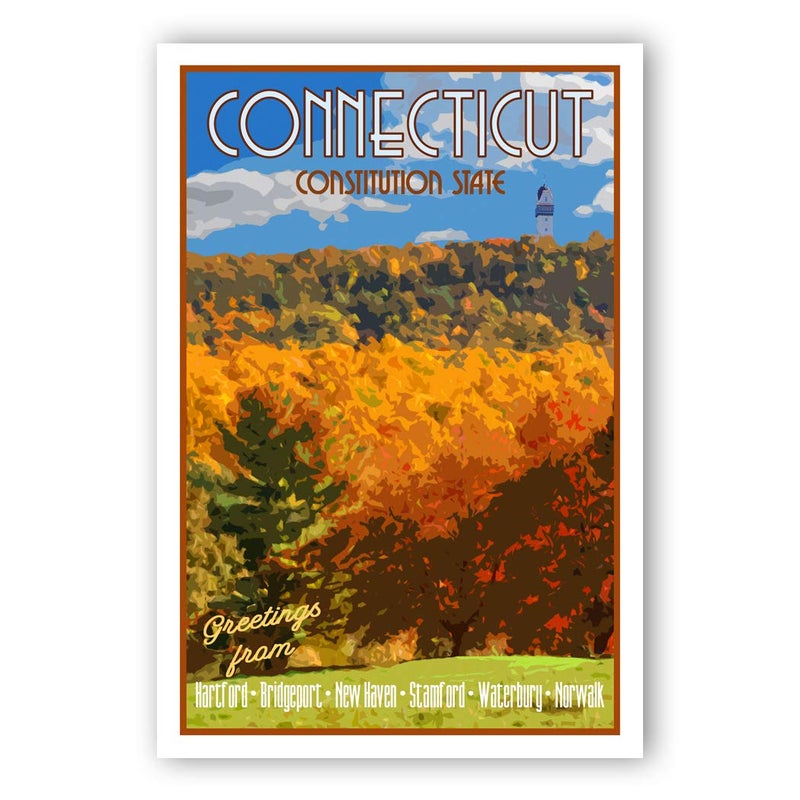 Postcard Fair CONNECTICUT TRAVEL POSTER postcard set of 20 identical postcards. CT state vintage style travel poster post cards. Made in USA. - Image 1